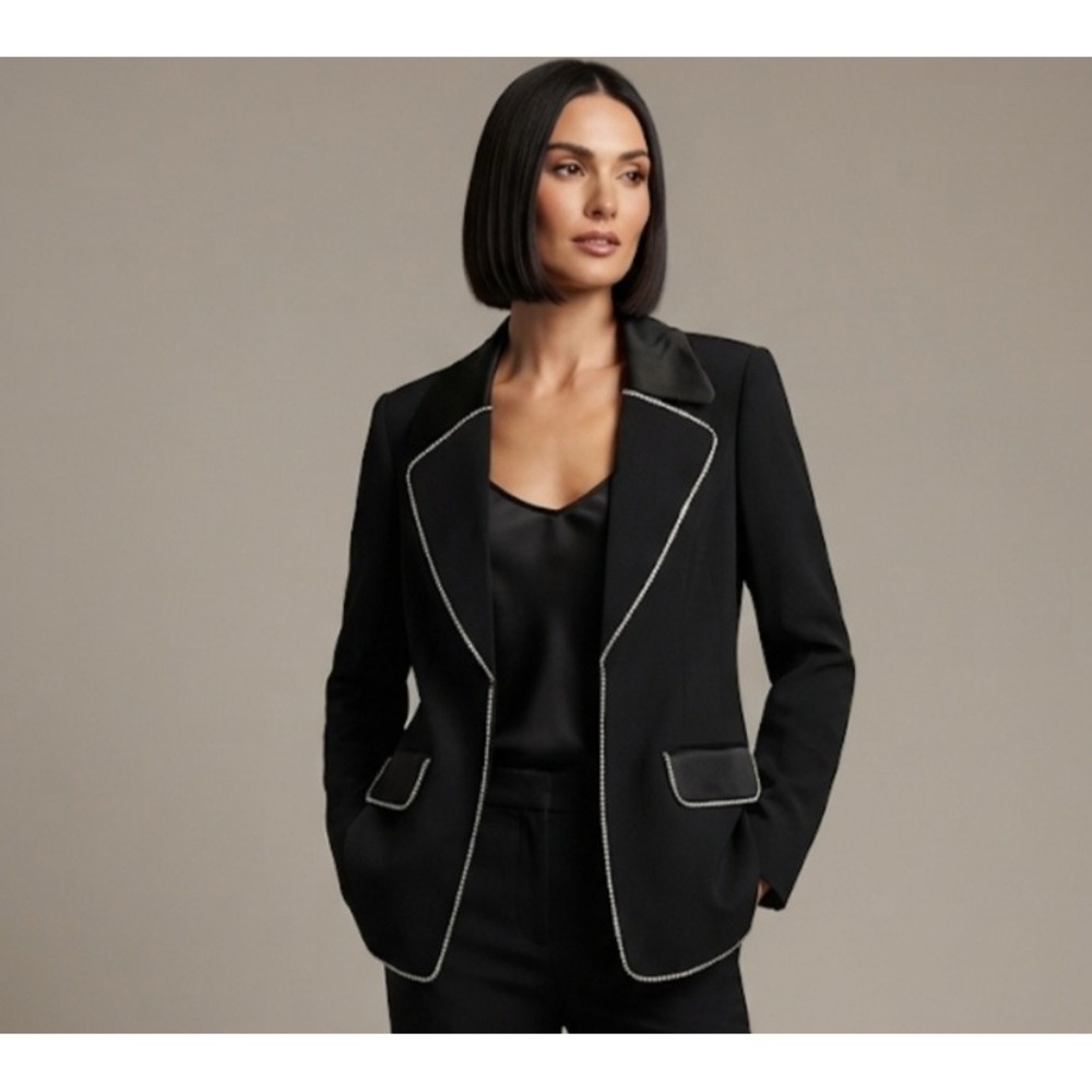 Rumored Black Rhinestone Trim Blazer Satin Lapel Evening Jacket Womens Small NEW